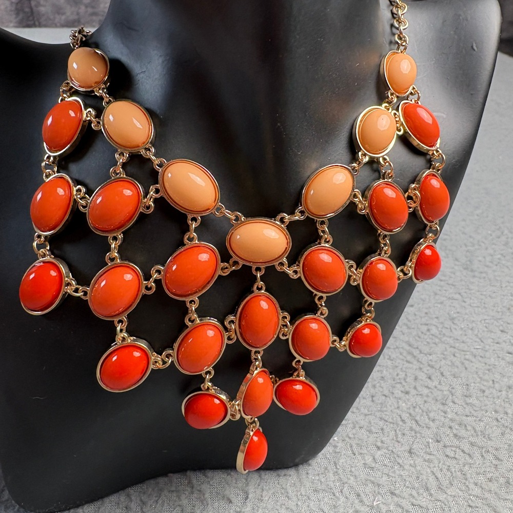 Orange Peach Cabochon Bib Statement Necklace Gold Tone Tiered Dangle